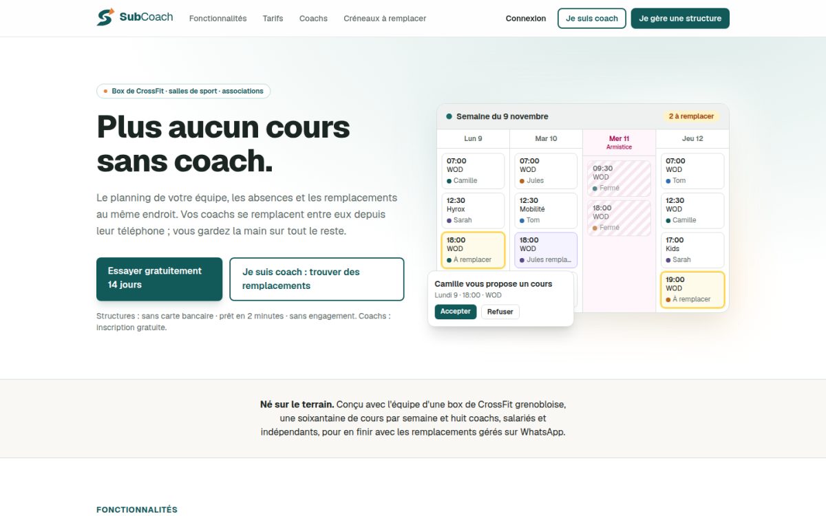 Capture du site SubCoach, planning et remplacements de coachs